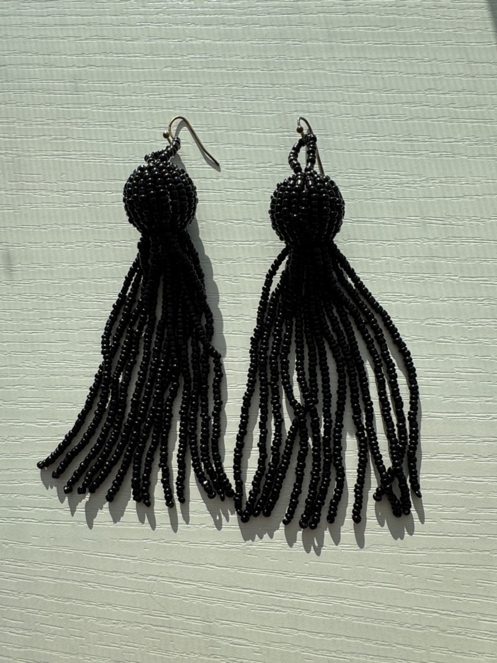 Black Beaded Tassel Drop Earrings - Women Jewelry